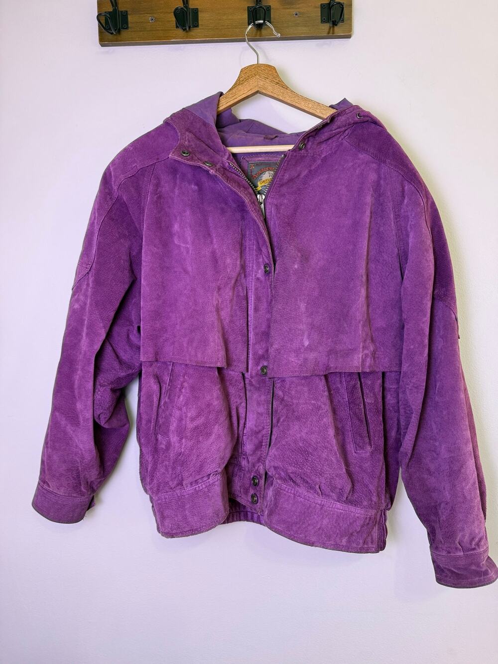 Vintage 90s Purple Suede Leather Hooded Jacket XL Grunge Adventure Bound Wilsons